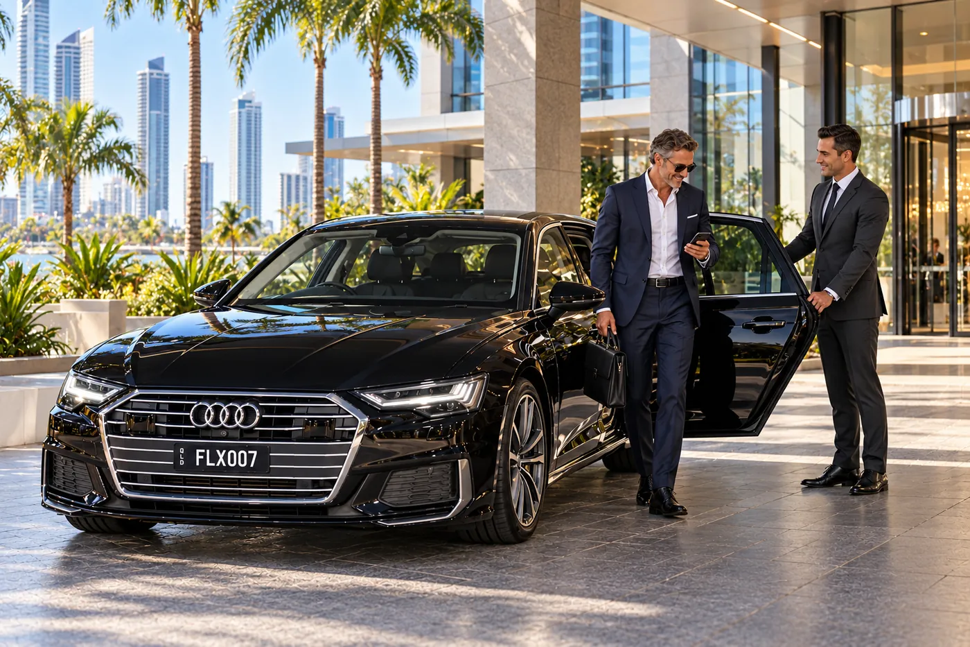 Felix chauffeur waiting beside a black Audi at a Gold Coast tower